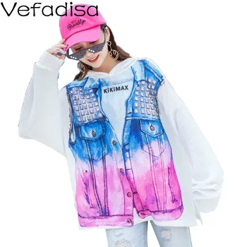 

Vefadisa Fake Two Pieces T-shirt Women 2020 Spring Knitting Cotton Blend Print Plus Size Hooded Women T-shirt White QYF2188