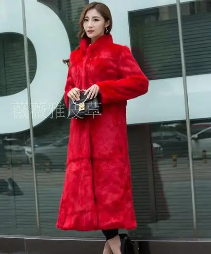 Очень длинное плотное теплое зимнее пальто До Колена Для Женщин, ветровка из натурального кроличьего меха, парка, длинная до щиколотки, Модная тонкая - Цвет: red stand collar