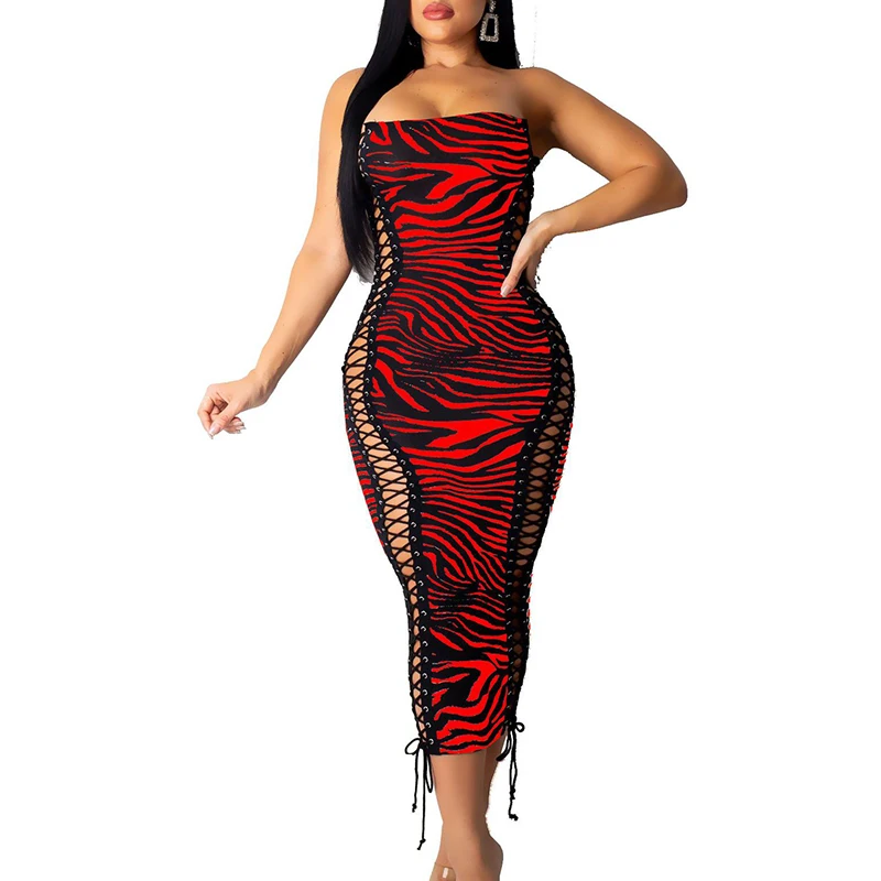 Miessial Animal print lace up sexy midi dress Women sleeveless party club bodycon winter dress Female autumn elegant boho dress
