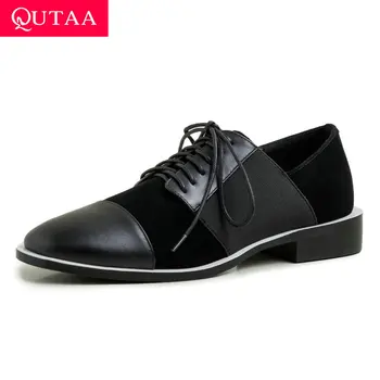 

QUTAA 2020 Patchwork Cow Leather Flock Comfort Women Shoes Round Toe Lace Up Ladies Pumps Square Heel Single Shoes Size 34-39