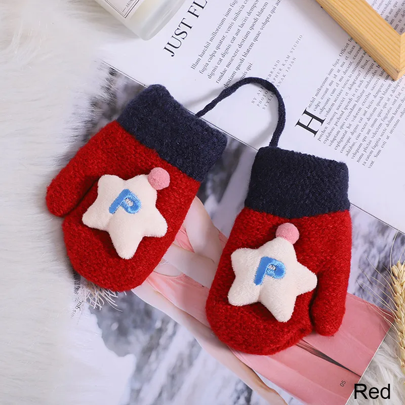 New Child Gloves 3-6 Years Old Cute Bear Cartoon Winter Knit Wool Newborn Mittens Velvet Thick Children's Kids Keep Finger Warm - Цвет: E