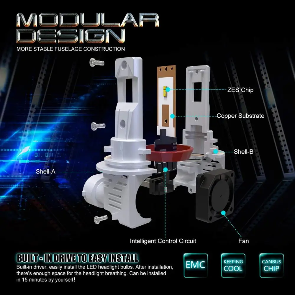 Лампа для автомобильных фар AILEO H11 LED H8 H9 H16(jp) HB3 HB4 9005 9006 12000 люмен Plug N Play сверхъяркая