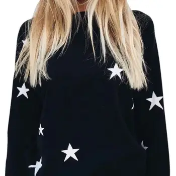 

Autumn Winter Women Round Neck Long Sleeve Outerwear Knitted Sweater Star Print Pullover Sweaters Warm Jumpers