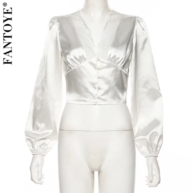 FANTOYE Sexy Deep V-Neck Lace Puff Sleeve Tops Blouses Women Vintage Long Sleeve Slim Blouse Shirts Female Chiffon Shirts Blousa