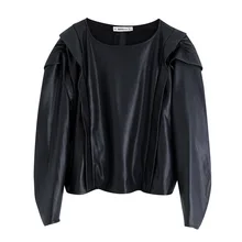 Черные топы из искусственной кожи осень Модный женский пуловер с оборками одежда