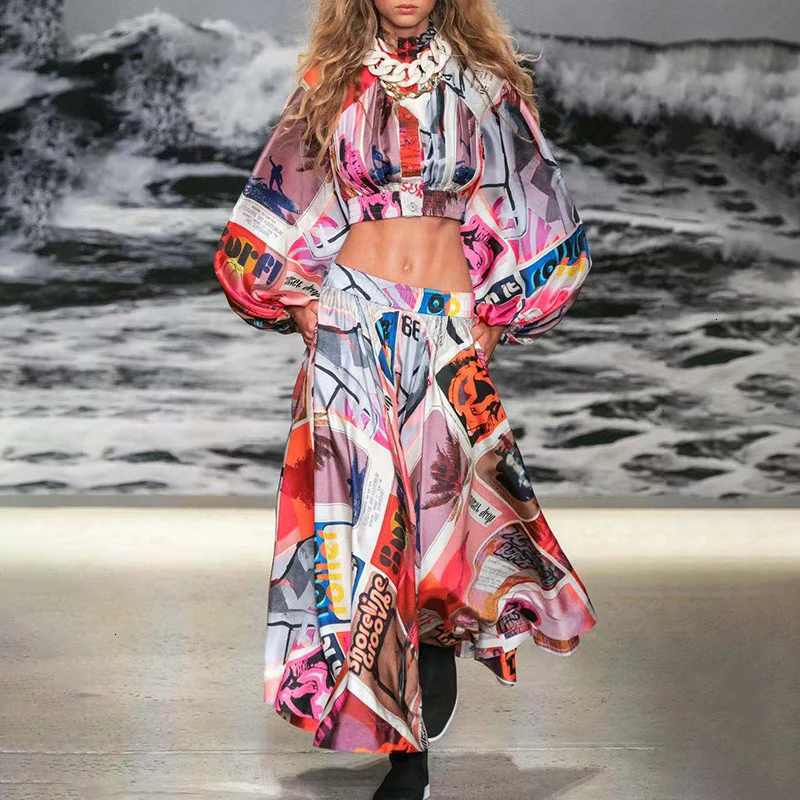 

Print Two Piece Set For Women Lantern Long Sleeve Top High Waist Elastic Wide Leg Pants Autumn Fashion New 45
