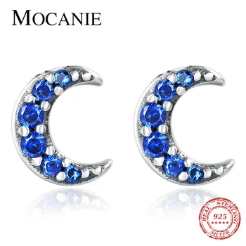

Mocanie Authentic 925 Sterling Silver Blue Crystal Exquisite Moon Stud Earring for Women Anti-Allergy Ear Pin Fine Jewelry Gift