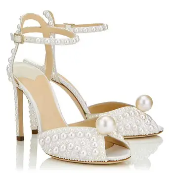 

Moraima Snc Sexy Peep Toe Woman Sandal Summer White pearls Beaded Ankle Strap High Heel Shoes Cutouts Party Dress Shoe