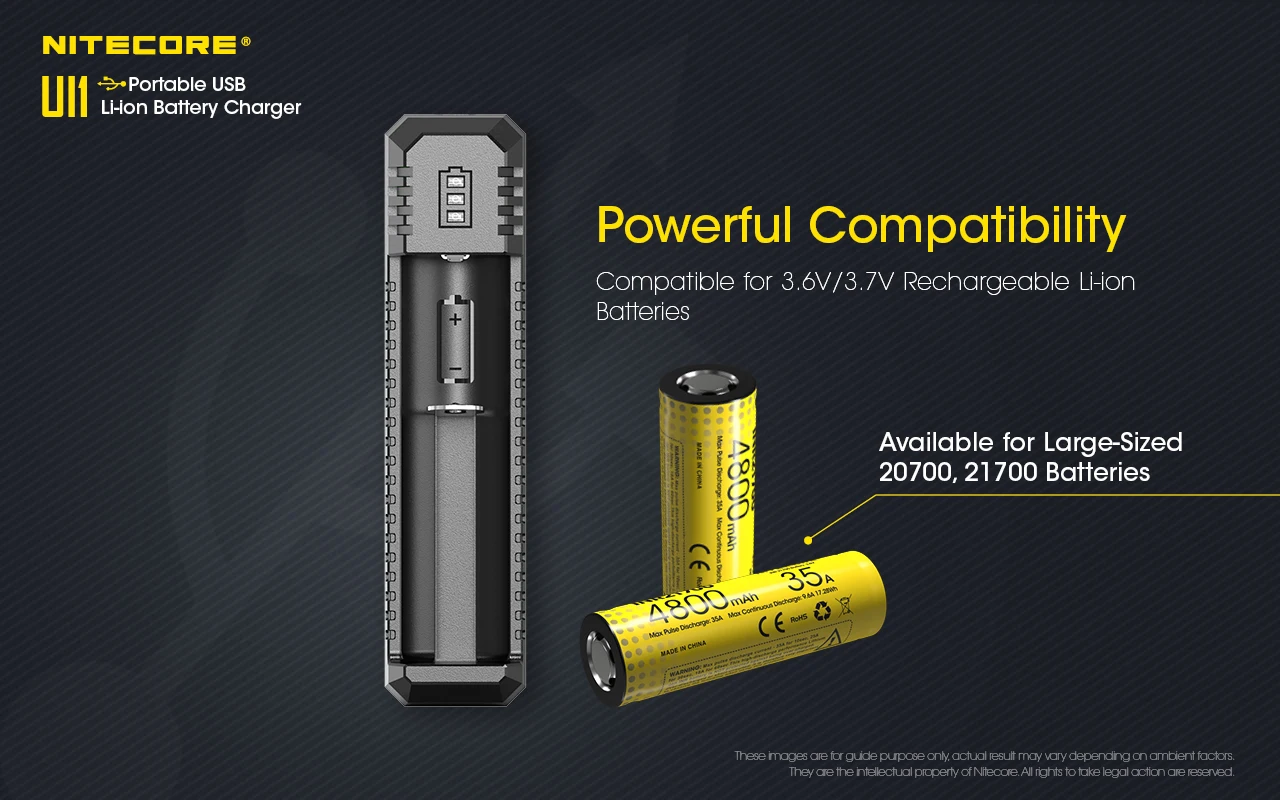 NITECORE UI1 Portable USB Li-ion Battery Charger DC 5V/1A 5W Li-ion/IMR 21700 Battery Recharger CompatibleWith 18650 16340 14500