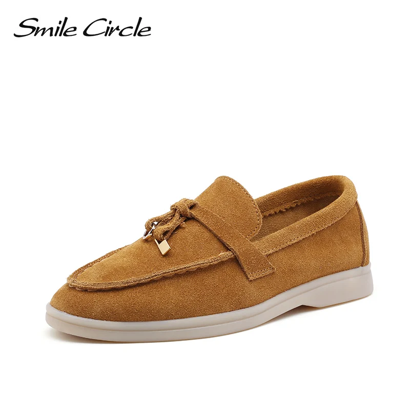 Smile Circle-mocasines ante de vaca para mujer, zapatos sin cordones de cuero genuino, mocasines planos, talla grande 36-42 - AliExpress Calzado