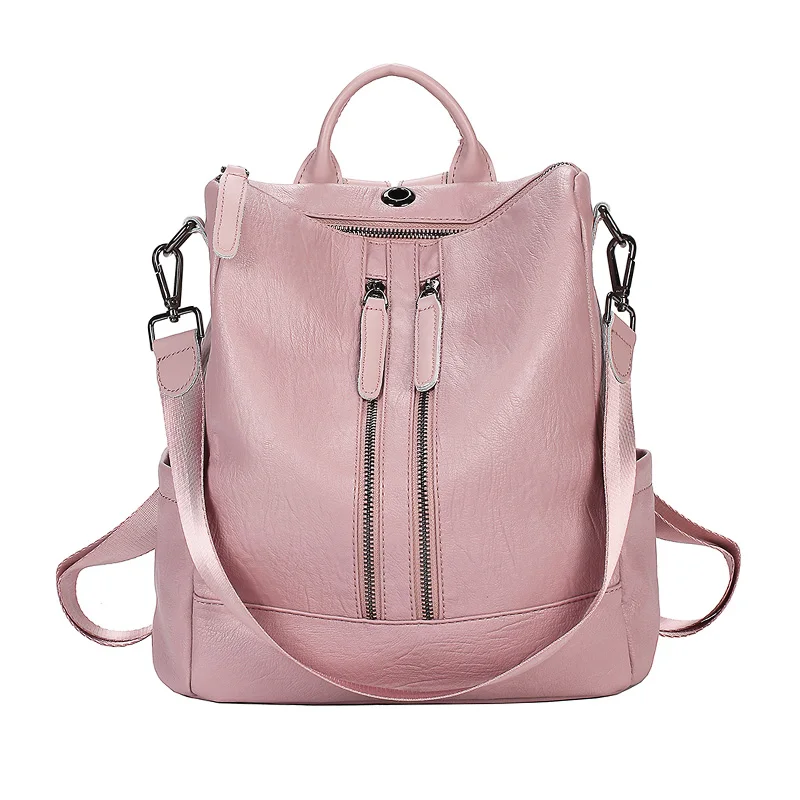 Женский рюкзак Mochila Feminina, повседневный многофункциональный женский кожаный рюкзак, женская сумка на плечо, рюкзак для путешествий - Цвет: Double Zipper Pink