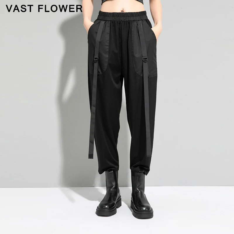 

Black Elastic Waist Spliced Ribbon Harem Pants Women New Pocket Personality Loose Casual Trousers Fashion Spring Summer 2021