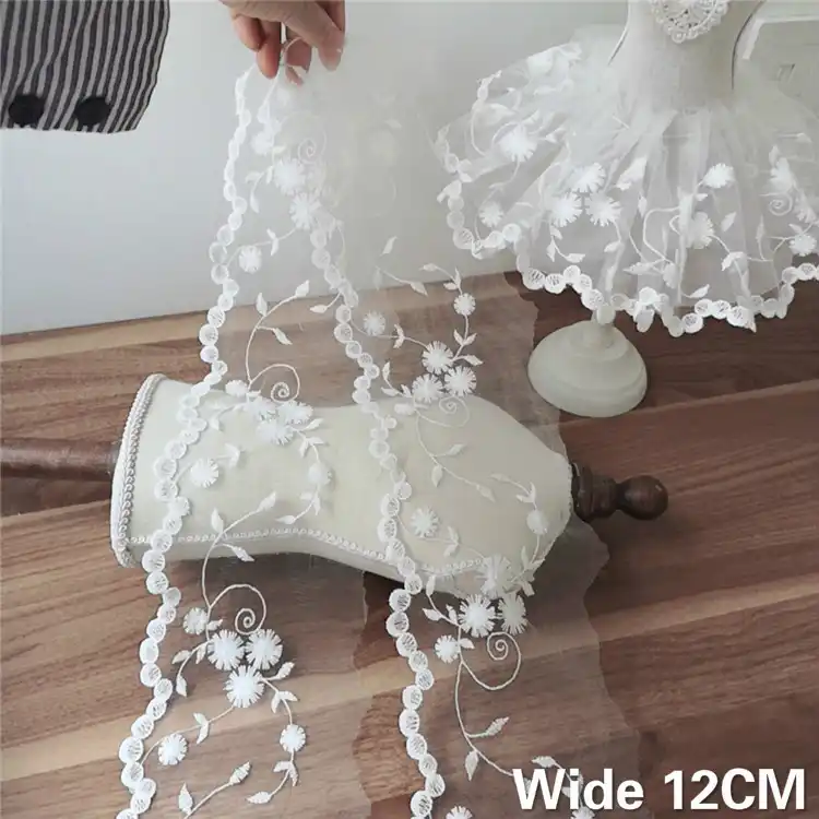 Белая Тюлевая сетка с 3d цветочной вышивкой 12 см шириной кружевная лента для