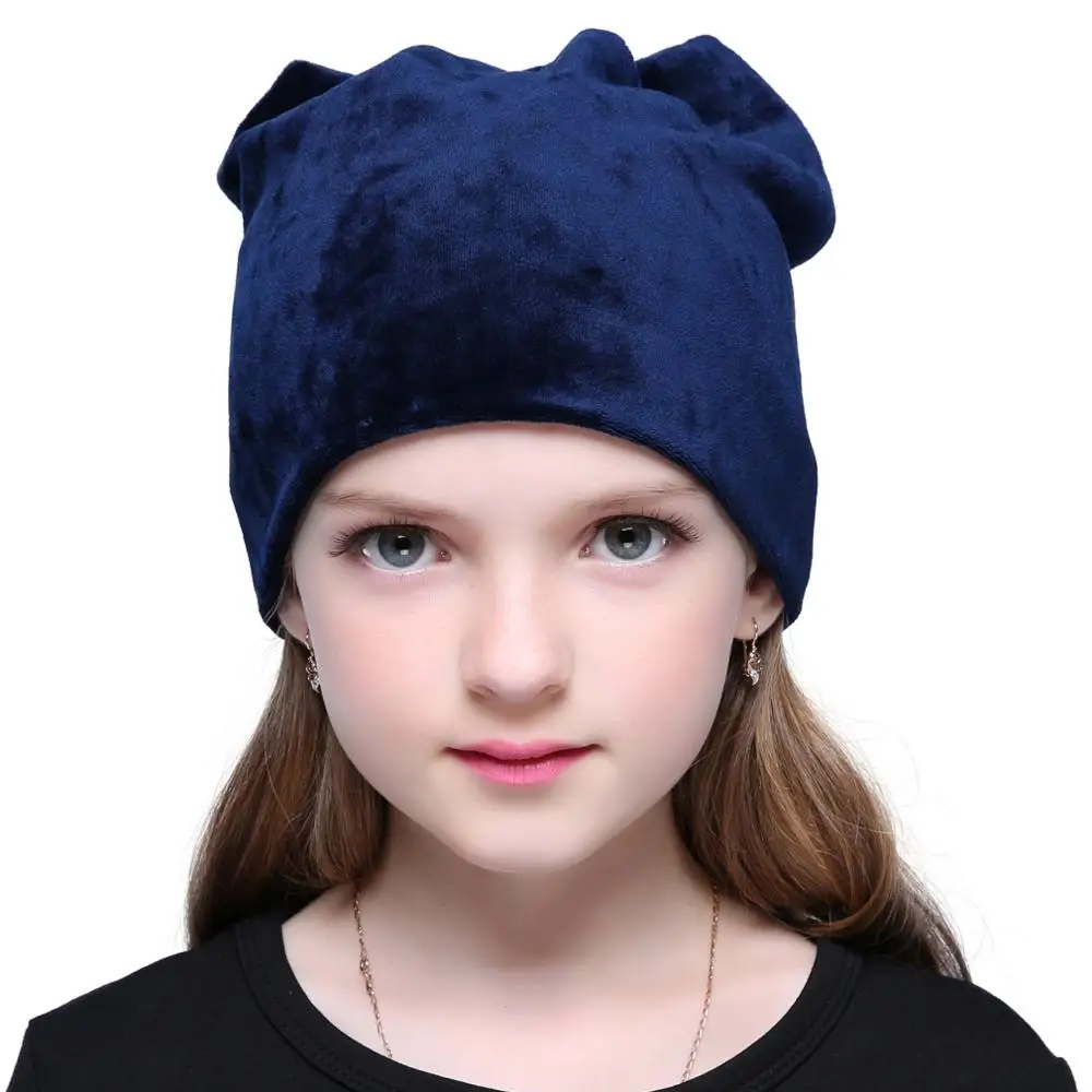 Осенне-зимние теплые вязаные шапки Skullies Beanies из полиэстера, Повседневная бархатная шапка Skullies для детей, однотонная цветная Шапка-бини для девочек