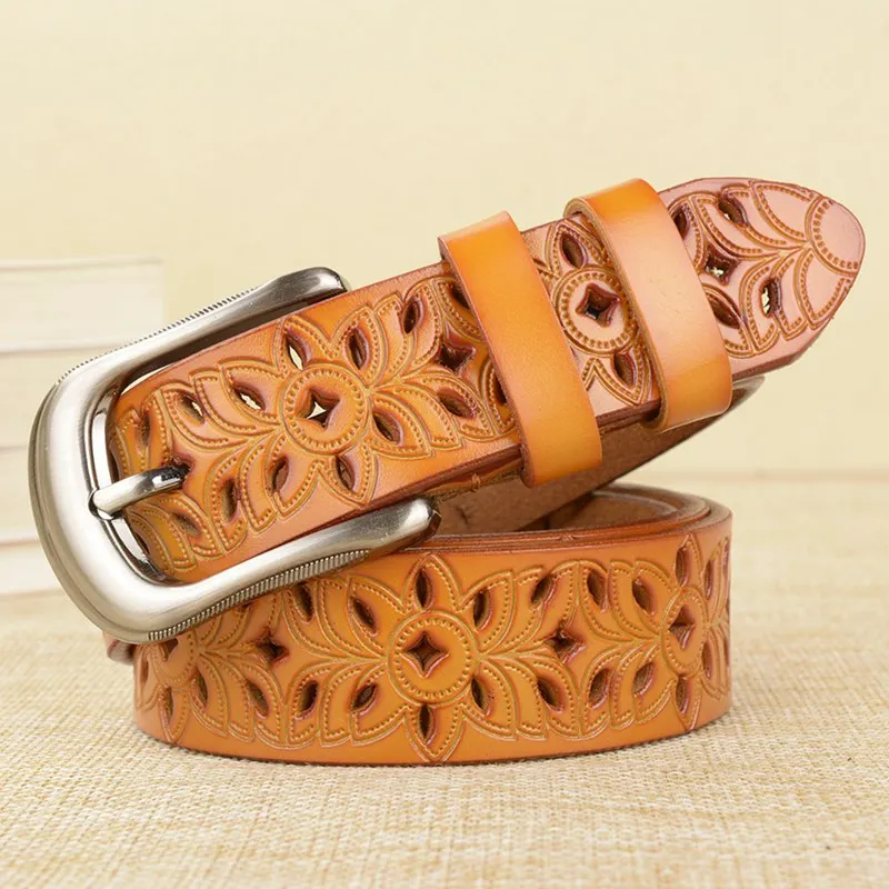 Brown Deepeel 1 шт. 2,8 см* 100-110 см Модный полый ремень из чистого сплава с пряжкой для женщин экстравагантные джинсы двухслойные украшения из воловьей кожи - Цвет: Brown
