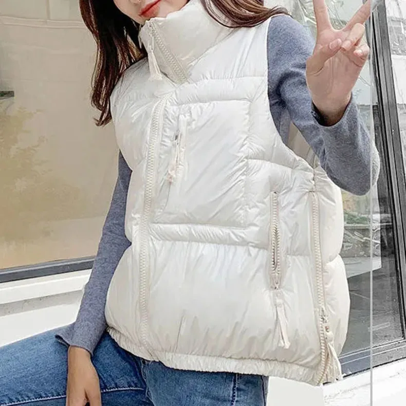 Winter Woman Down Cotton Short Vest Coat Yellow Stand Colloar Sleeveless Jacket Large size Waistcoat Korean Style Gilet Femme petite long puffer coat