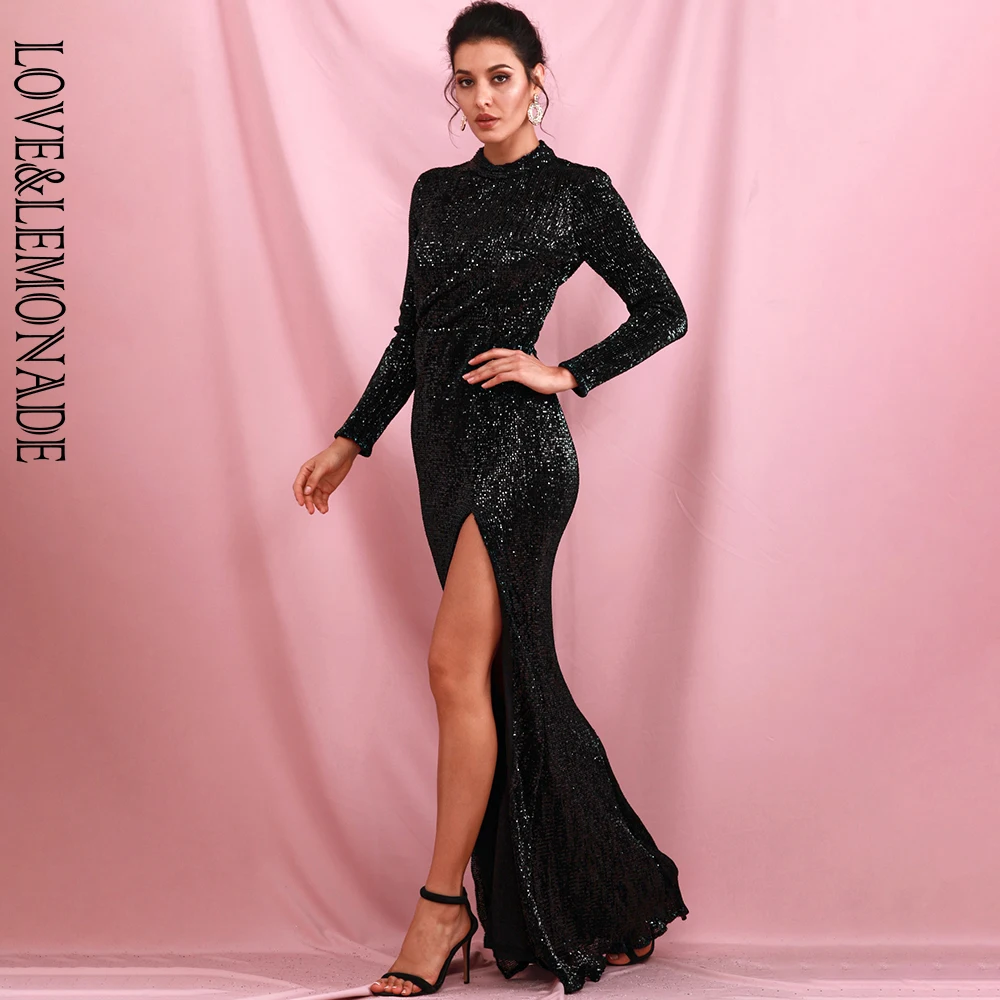 LOVE&LEMONADE Sexy Black Stand Collar Split Elastic Sequin Bodycon Party Split Maxi Dress LM81320-1
