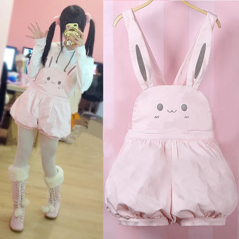 Pink Kawaii Overalls Girl Summer Rompers Cute Bunny Lantern Shorts Lolita Palysuit Cute Rabbit Japanese Suspender Strap Jumpsuit