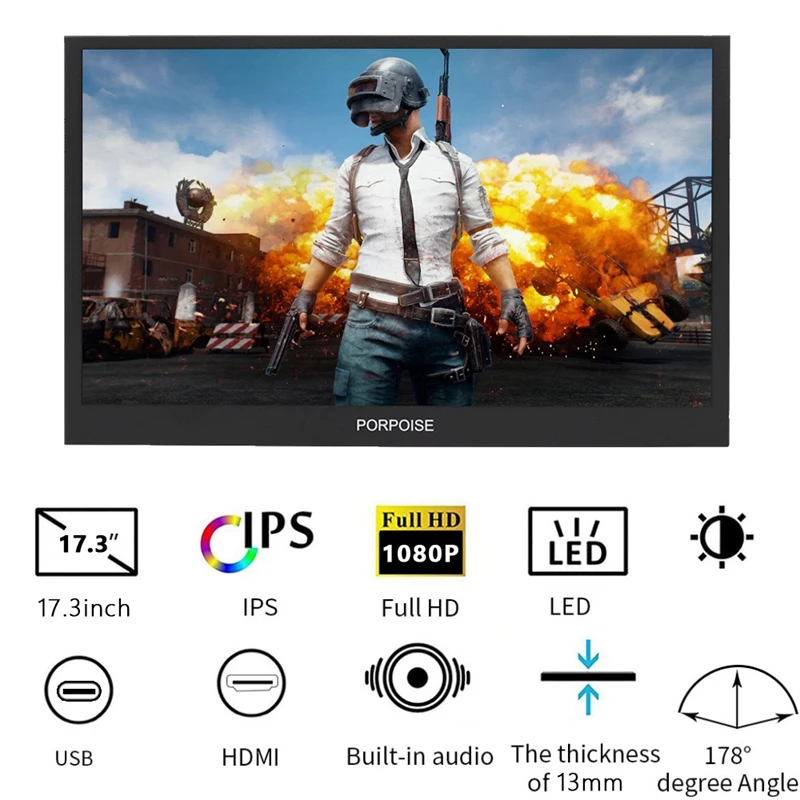  17.3 Inch Super-Ultra Portable Monitor for HDMI PS3 PS4 XBOX PC 1920 x 1080P IPS Screen USB Display