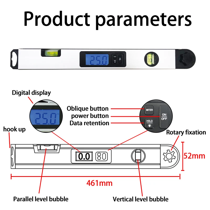 0~230° Digital Angle Finder Inclinometer Protractor LCD Spirit Level Gauge Ruler