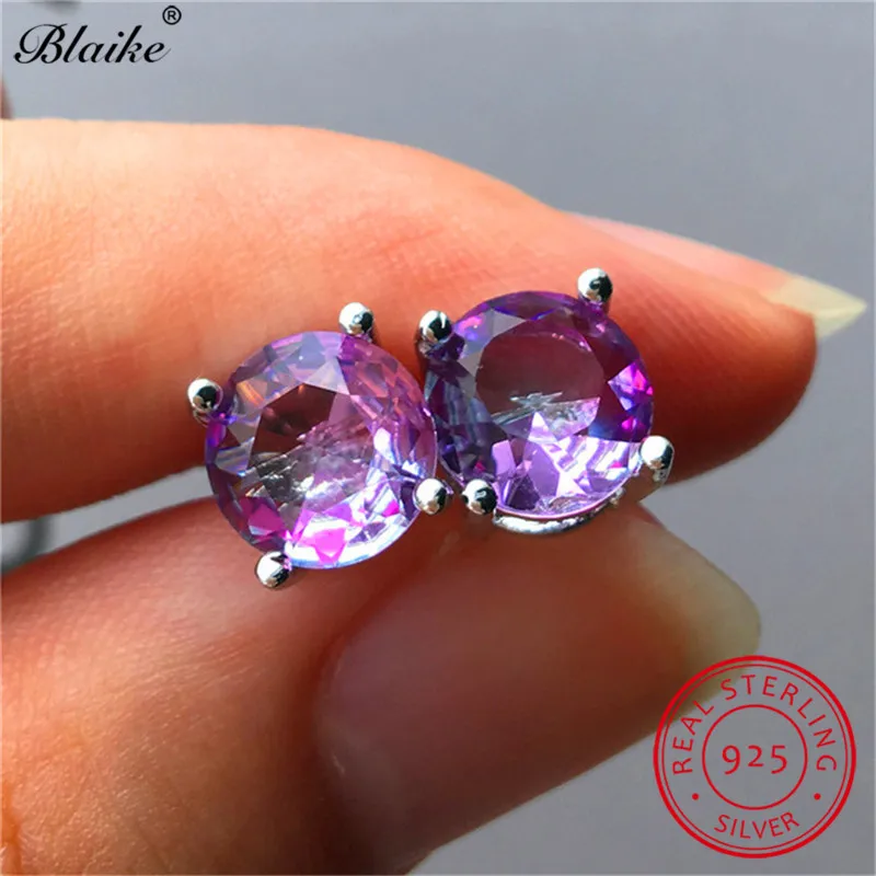 Rose Red Blue Мистический огненный топаз, круглые серьги-гвоздики для женщин, 925 пробы, серебряные, радужные, синие, красные, зеленые, циркониевые Двойные серьги, свадебные серьги-гвоздики - Цвет камня: Rose Red Blue