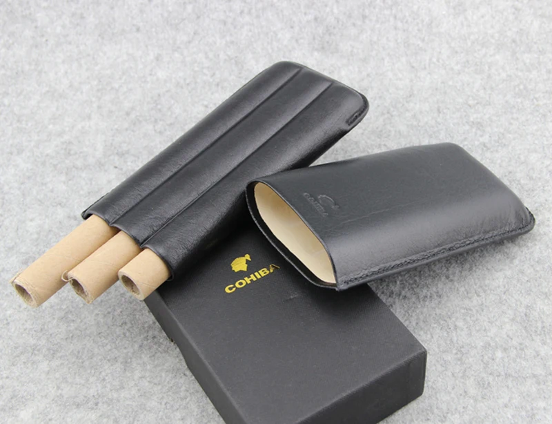 COHIBA элегантный черный натуральная кожа сигарный Чехол Дорожный увлажнитель для сигар чехол Портативный 3 коробка для сигар трубка с подарочной коробкой