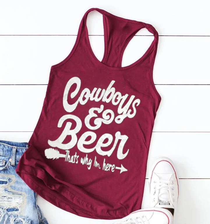 Dark red-white text Cowboys& Beer thats why Im here жилет Модные и сексуальные футболки с графическим принтом пляжный стиль Топ с принтом Прямая - Цвет: Dark red-white text