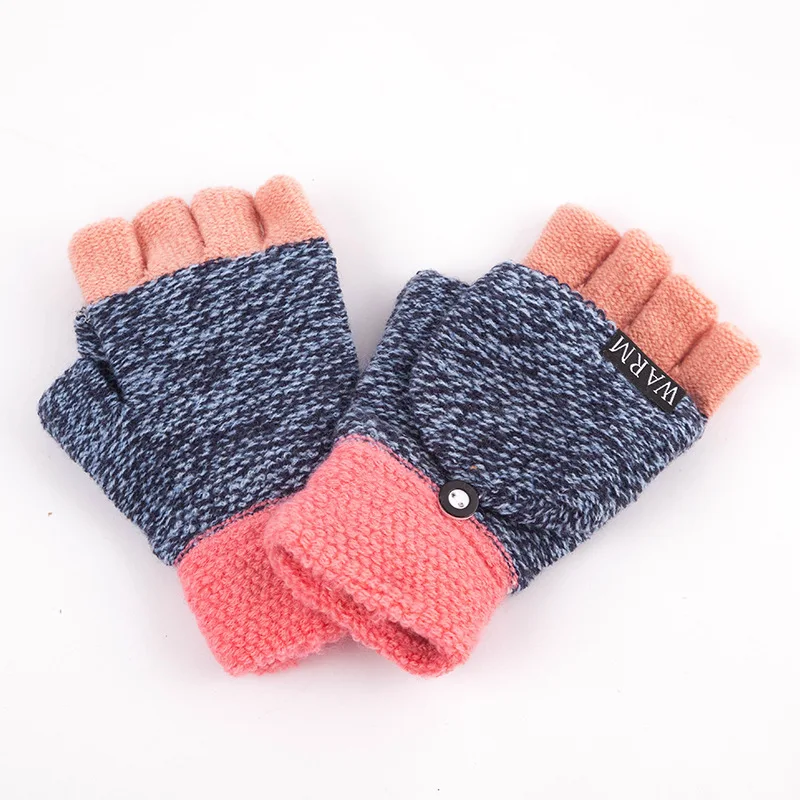 pink Unisex Cotton Knitted Gloves Thickening Patchwork Flip Fingerless Exposed Finger Gloves Male Half Finger Winter Warm Mittens - Цвет: pink