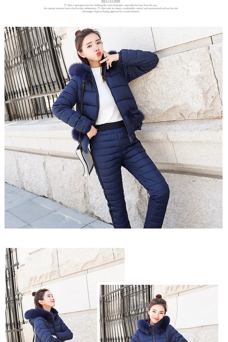 Women Winter Down Cotton Jacket Suit Female Fashion Hooded Fur Collar Pockets Warm Two piece Set Slim Outerwear Pants Coat AQ554