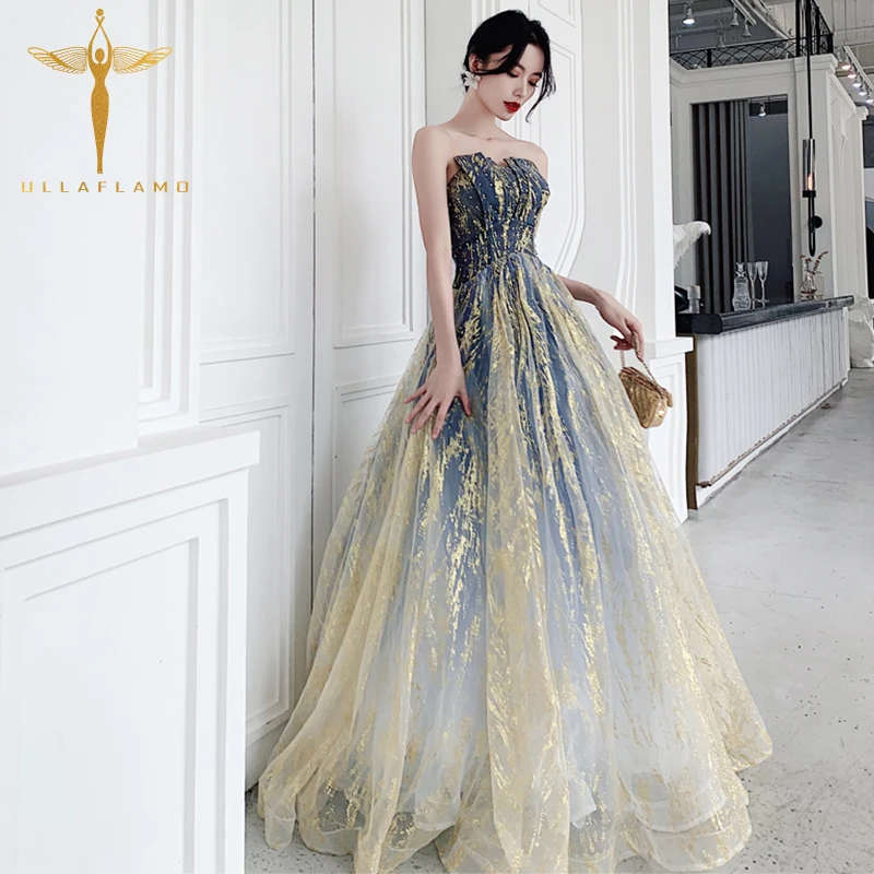 

Sexy elegant glitter print light blue rococo court evening party dress Temperament lace silk gauze print slash neck party dress