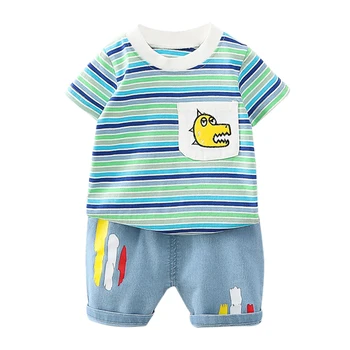 

Summer Boy Casual Striped Short-sleeved Top + Denim Shorts Clothes Sets Infant Baby Cartoon Outfit Suit