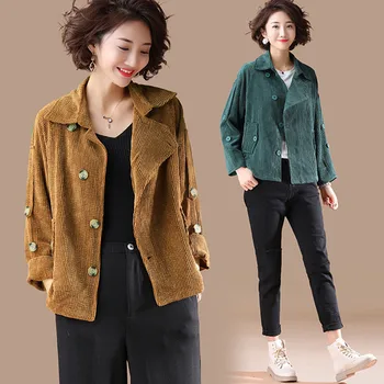 

2020 New Spring Autumn Literary Corduroy Large lapel Jacket Women Single-breasted Double plug pocket Blazers Suit Top m515