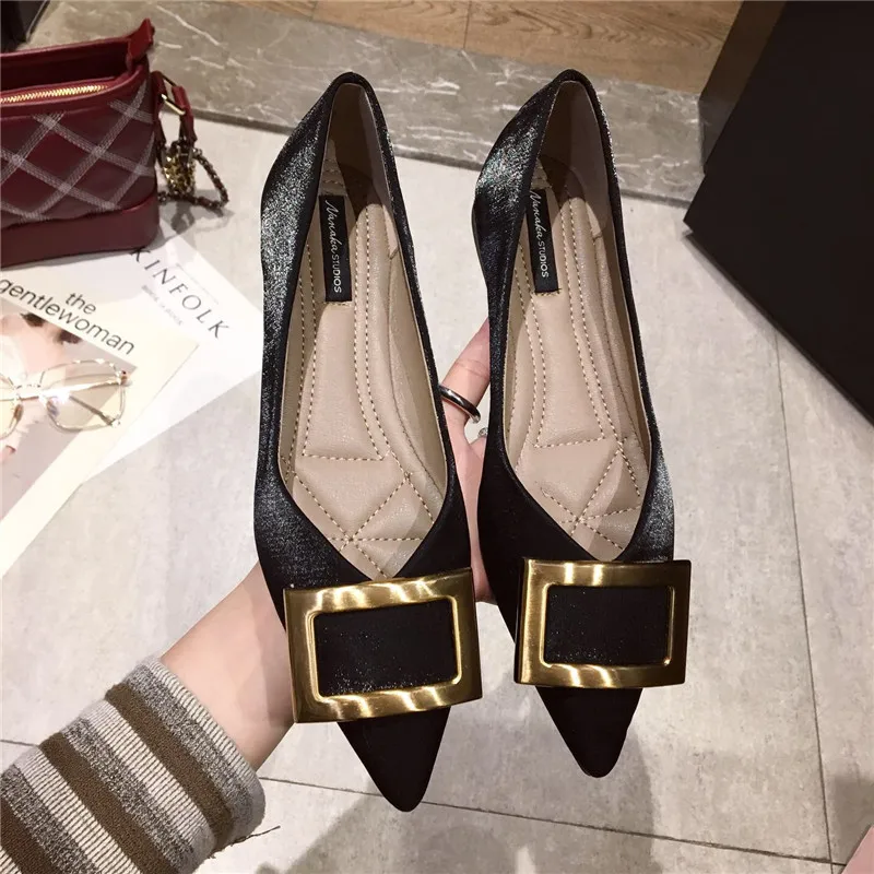 

2019 Spring And Summer New Style Flat Heel Pointed Shoes Women's Suede Metal Square Buckle Low-top Shoes Anti-slip WOMEN'S Flat