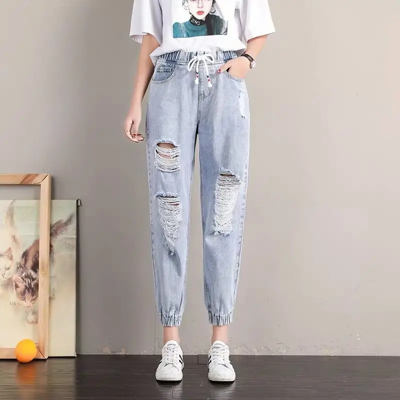 Women's Jeans 2021 New Spring and Autumn Plus Size Korean Style High Waist Drawstring Harem Pants Loose Feet  Woman Jeans