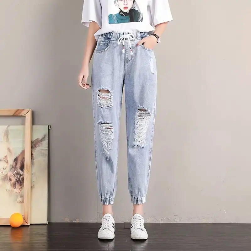 Women's Jeans 2021 New Spring and Autumn Plus Size Korean Style High Waist Drawstring Harem Pants Loose Feet  Woman Jeans 2021 spring summer new women s embroidered high waist denim cropped pants loose harem straight leg pants