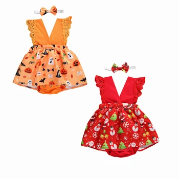 

Infant Newborn Baby Girl Xmas Bodysuit Christmas Sleeveless V-neck Lace Patchwork Jumpsuit Playsuit 0-18M Clothing Outfits