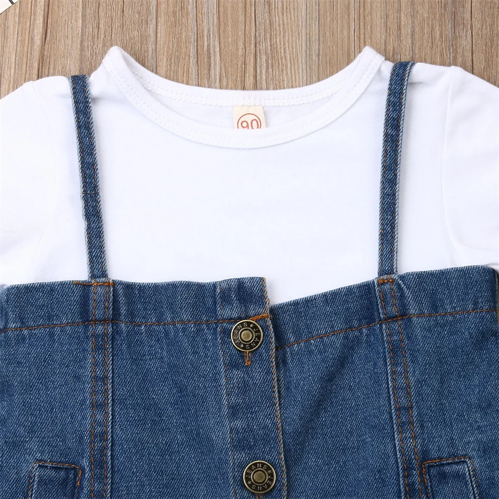 От 1 до 4 лет, летние комплекты одежды для маленьких девочек белые футболки Топы+ Синее джинсовое платье комплекты одежды из 2 предметов