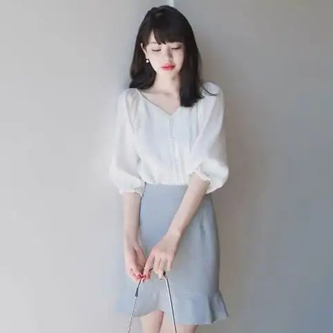 New 2020 Spring Summer Women Clothing Sweet Sets Female Button Shirts And Mermaid Skirt Suit Girls Slim Two Piece Set AE911 | Женская
