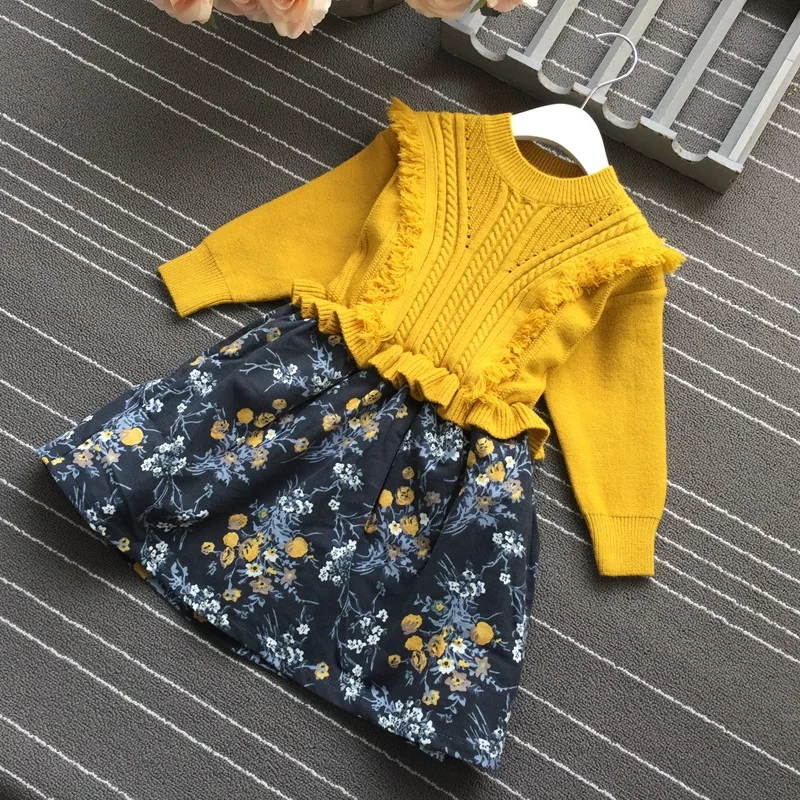 Yellow Г., весенние новые стильные платья-свитера для девочек платья средней длины с цветочным рисунком в стиле пэчворк для маленьких девочек модные детские платья для девочек#8219 - Цвет: Yellow