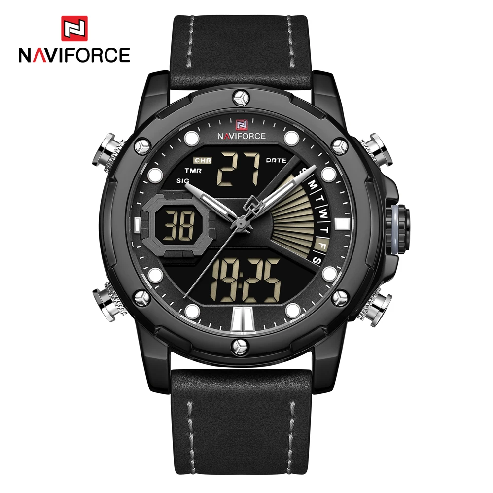 Black NAVIFORCE светодиодный дисплей часы для мужчин кварцевые наручные часы Мужской Топ люксовый бренд Военный Спортивный Хронограф Часы подарок+ коробка - Цвет: Black
