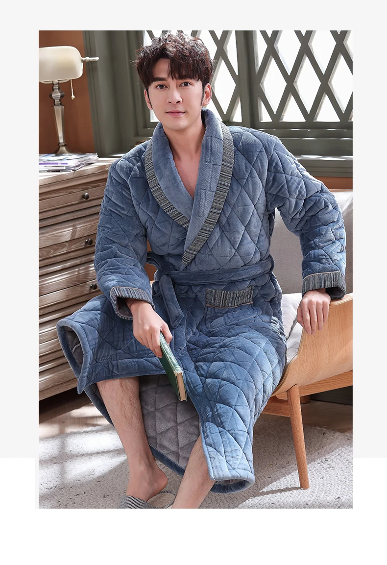 Men Robe Winter Thick Home Wear Long Night Dressing Gown 3 Layer Padded Keep Warm House Coat Luxury Men Bath Robes Velvet Kimono