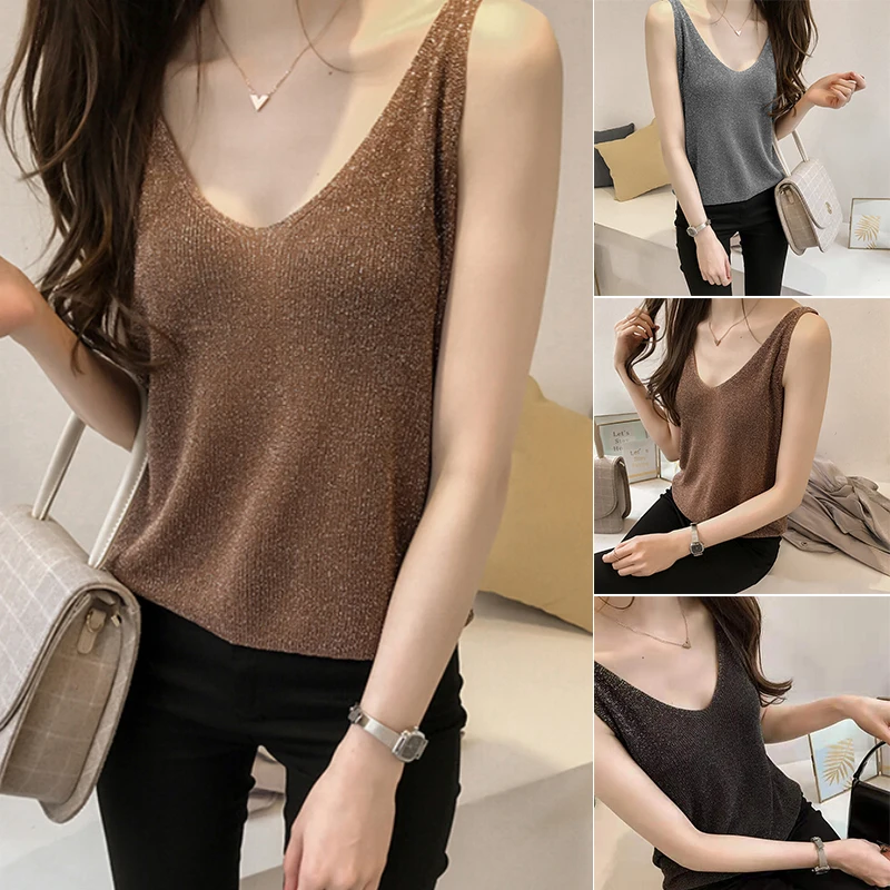 

Summer Women Crop Tops Sexy Knitted Tank Top Gold Thread Top Vest Camisole Women White Tank Top Fitness Femme Camis T-shirt