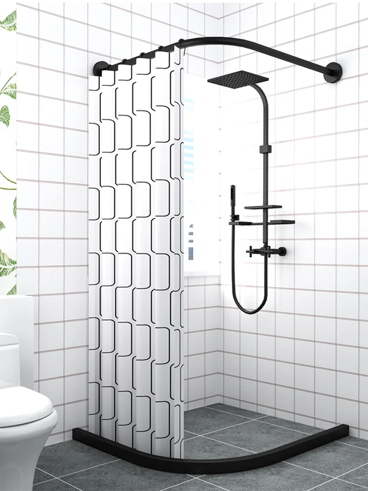 304 Stainless L Shaped Curved Black Shower Curtain Rod Shower Curtain