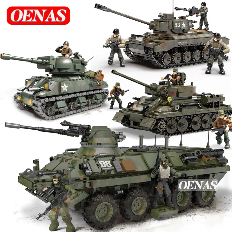 Photo Product WW2 Military Stryker T34 M4 M26 Heavy Medium Tank Armored Vehicle Model Building Blocks Army Action Figures Kids Toys Boys Gift
