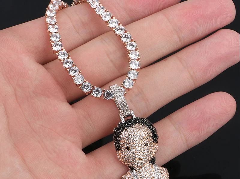 Iced Out Хрустальная подвеска Boondocks для мужчин и женщин хип хоп ожерелье с розой Chian теннисная цепочка модные ювелирные изделия с подарочной коробкой
