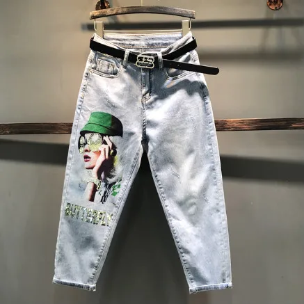 

European Loose Jeans Women Summer New Denim Jeans Women's Printed Letters Hot Drilling Harem Pants Denim Pants Femme Plus Size