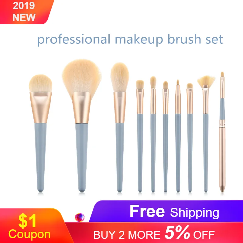 

10pcs Professional Makeup Brush Set Foundation Blending Powder Eye Face Brushes Blue Make Up Brushes Tools Kit Perfect Gift