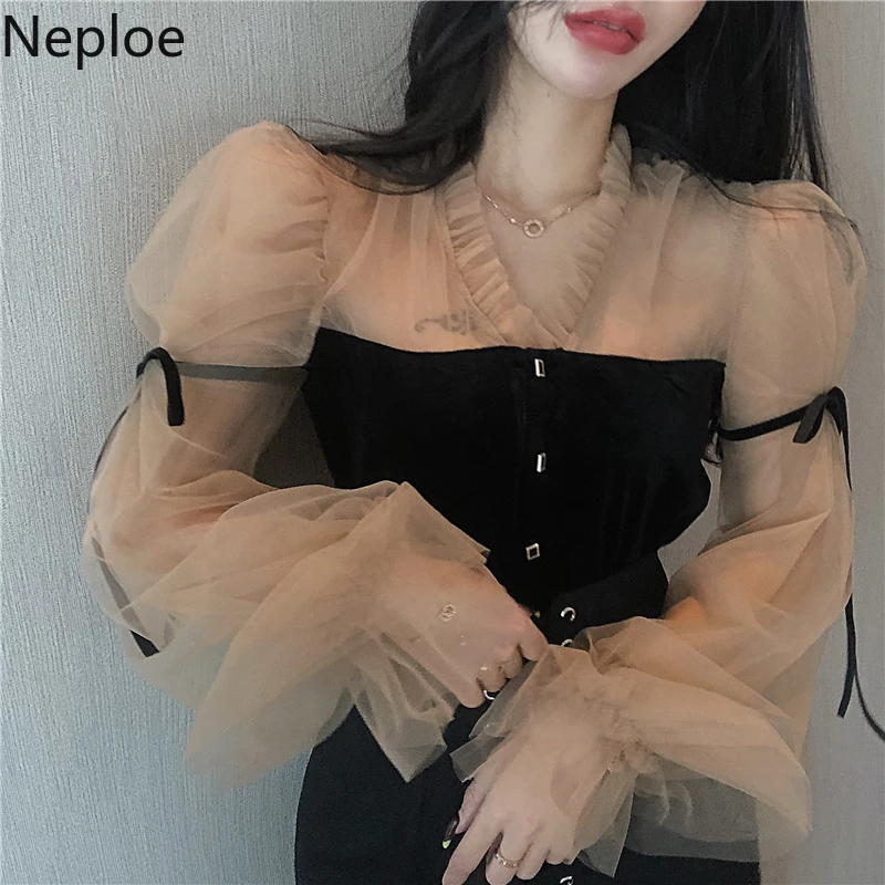 

Neploe Mesh Patchwork Velour Blouse Puff Long Sleeve V-neck Women Tops Vintage 2020 New Lace Up Slim Waist Blusas Shirt 57177
