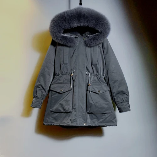 dark grey Пальто с воротником из натурального Лисьего меха, Женская Длинная толстая хлопковая куртка, новинка, зимнее пальто, куртка свободного кроя на флисовой подкладке, пальто для студентов - Цвет: dark grey