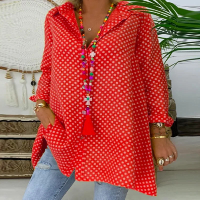 

Ladies Loose Casual Blouses Plus Size 2019 New Women Fashion Polka Dot Long Sleeve Turn-down Collar Button Shirts